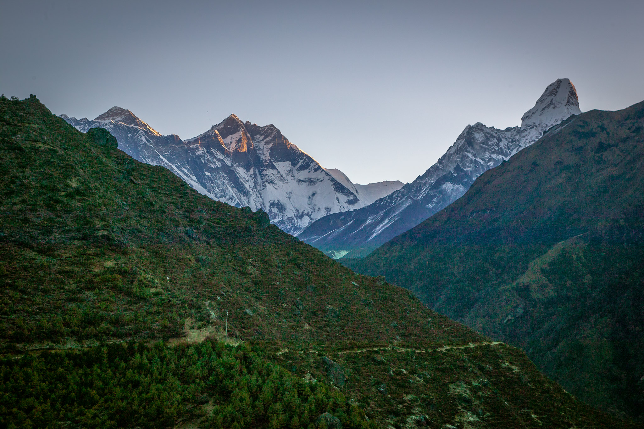 First light in Namche (Everest on left, Ama Dablam on right)