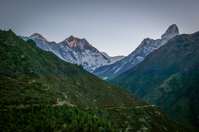 First light in Namche (Everest on left, Ama Dablam on right)