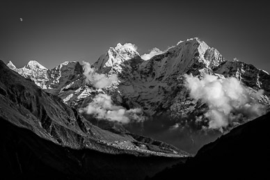 Thamserku & Moon over Phortse village, Everest/Khumbu Region, Nepal