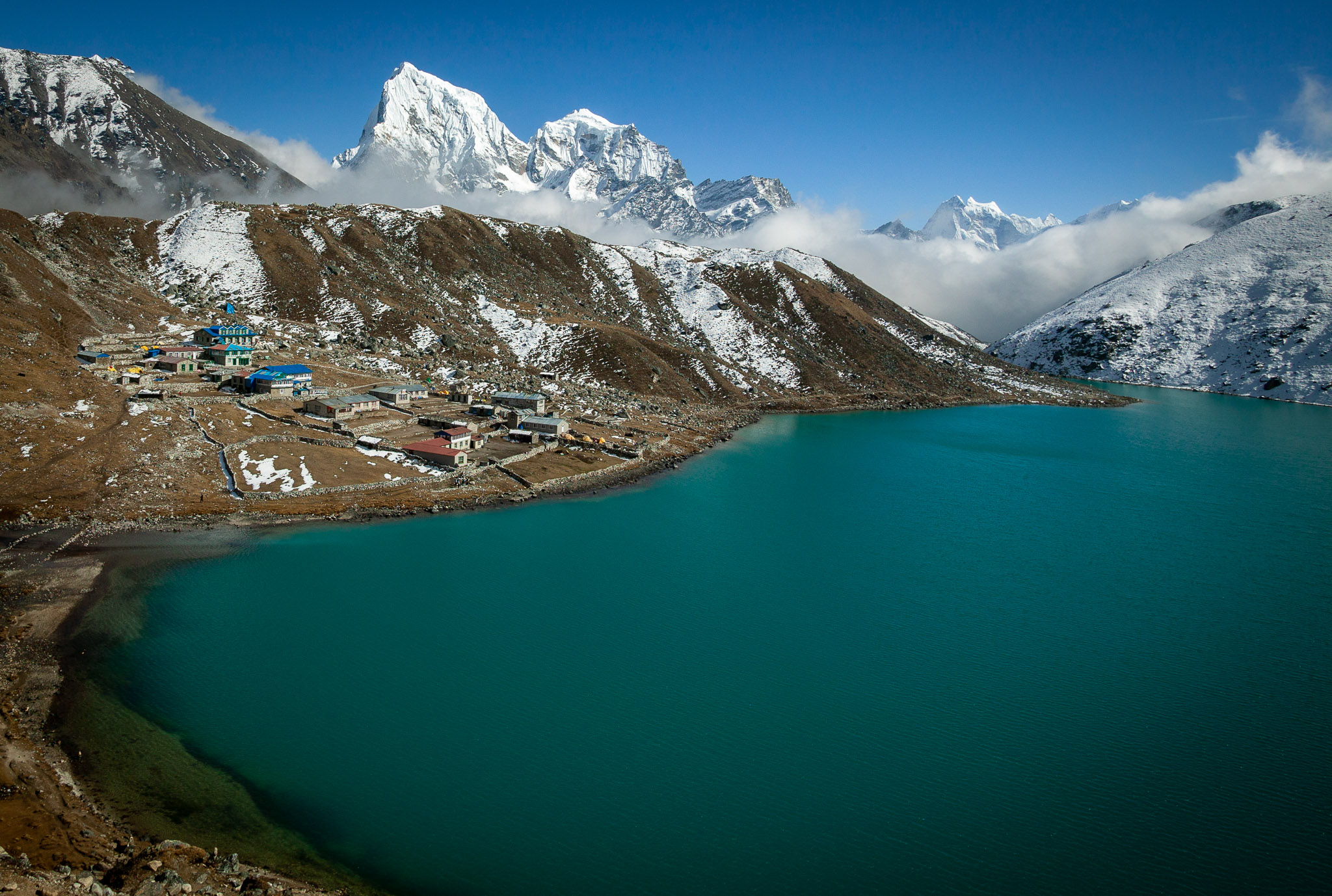 View from shoulder of Gokyo Ri down to Gokyo (Cholatse is the massive peak)