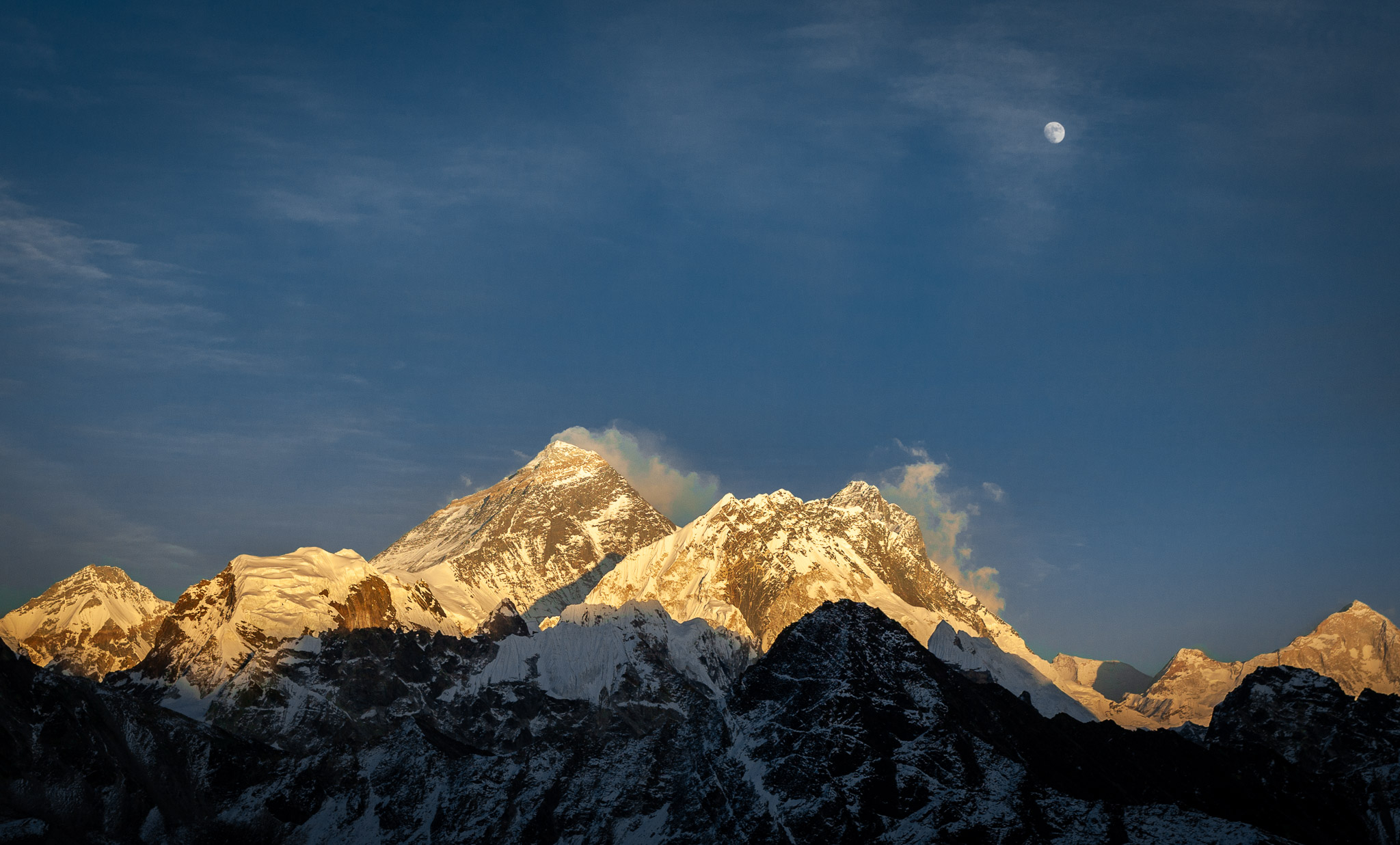 Last light & moonrise over Everest