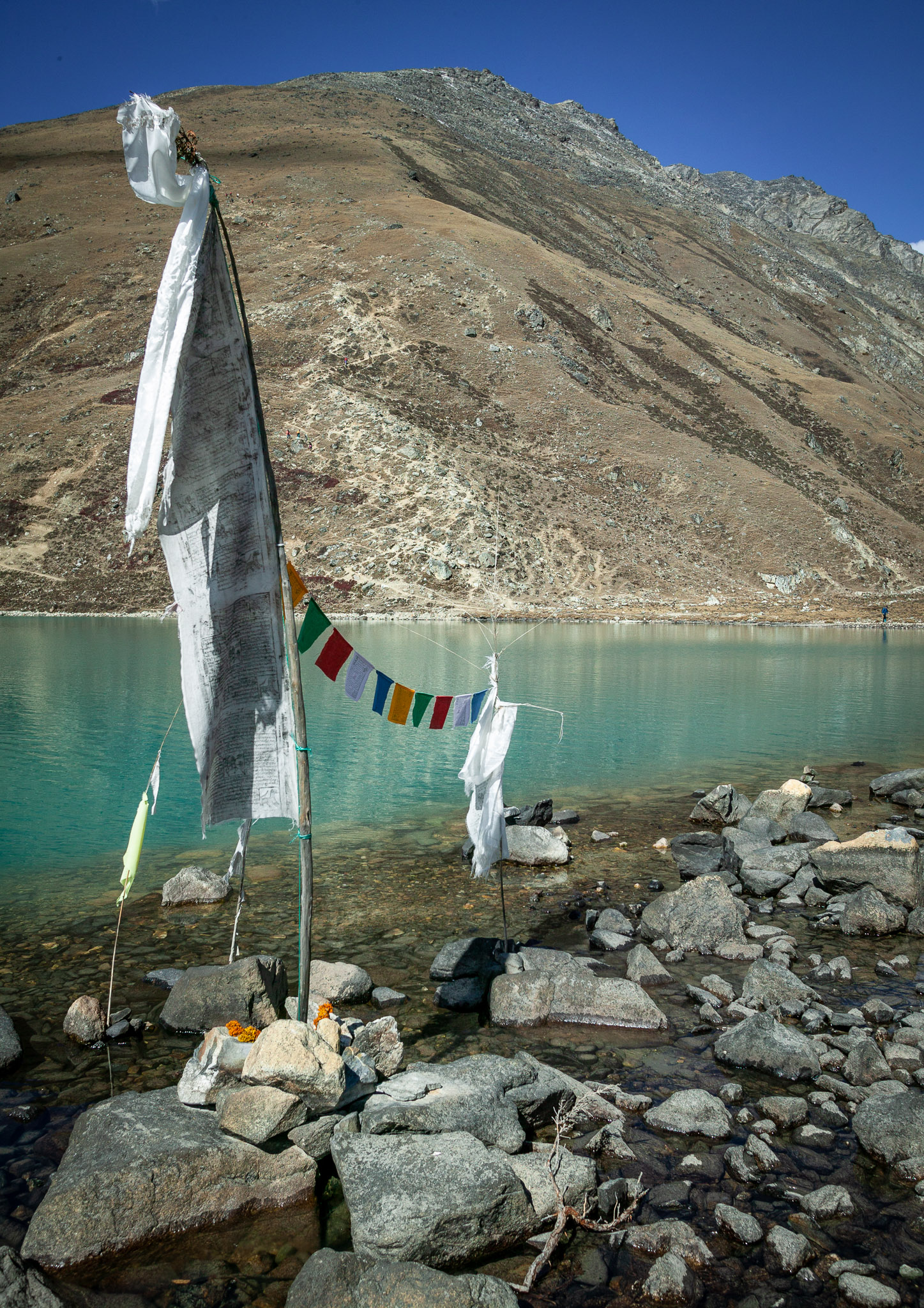 Prayer flags on lakeshore with Gokyo Ri behind