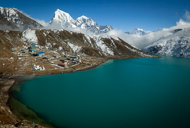 View from shoulder of Gokyo Ri down to Gokyo (Cholatse is the massive peak)