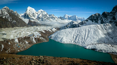 View from shoulder of Gokyo Ri down to Gokyo (Cholatse is the massive peak)