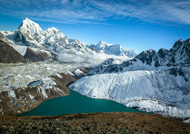 View from shoulder of Gokyo Ri down to Gokyo (Cholatse is the massive peak)