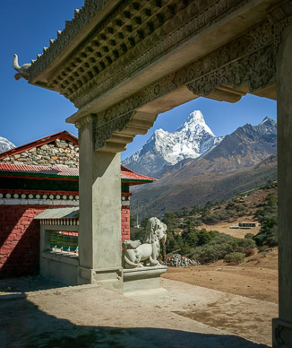 Tengboche Monastery gate, framing Ama Dablam